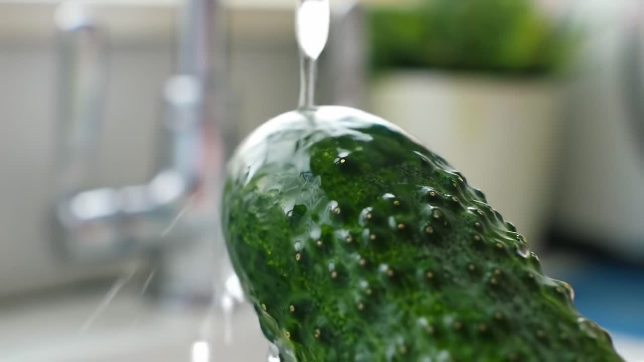 Washing a Fresh Cucumber in a Kitchen Sink Under Running Water