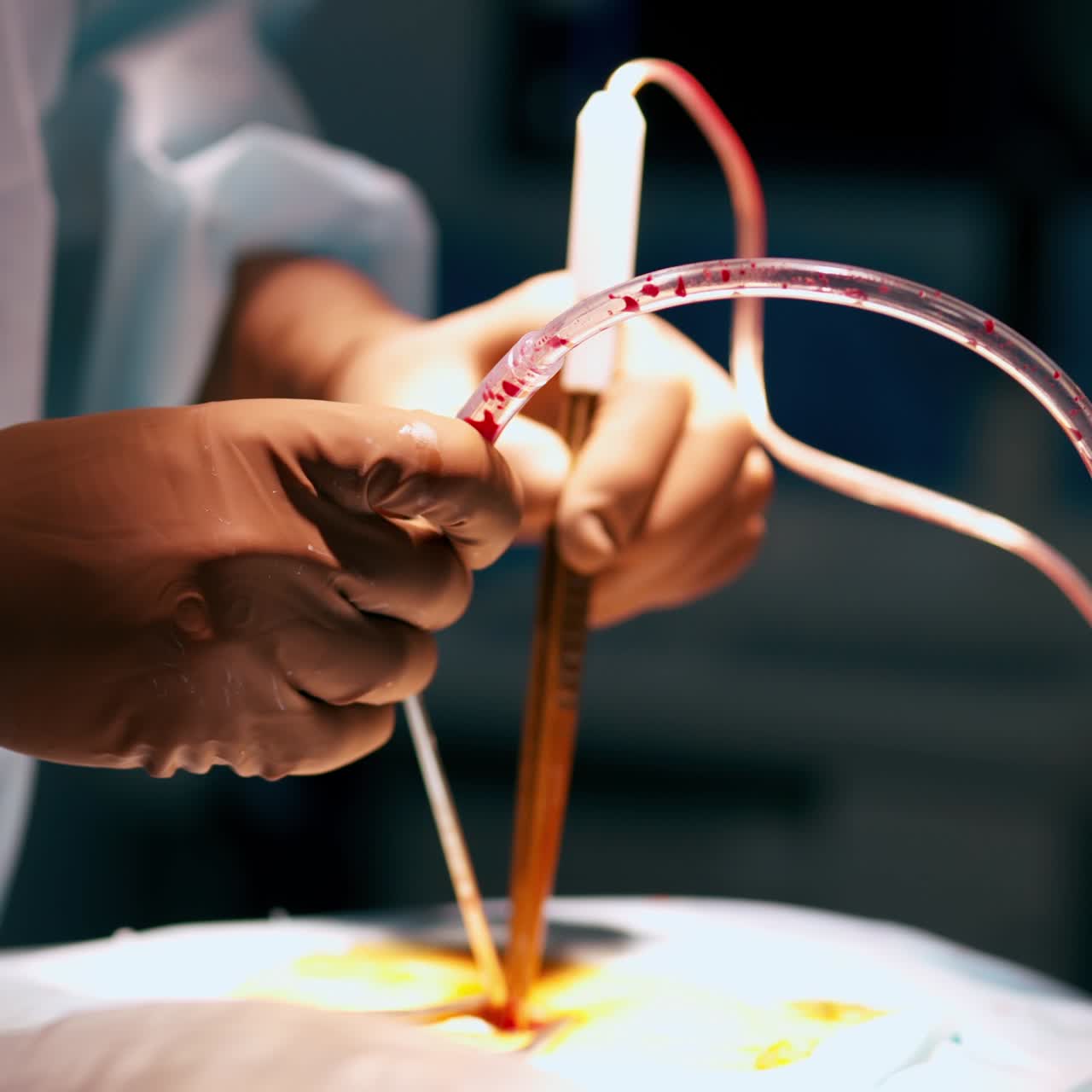 Medical instruments and tubes in doctor's hands. Surgeon perform an operation to a patient. Close-up.