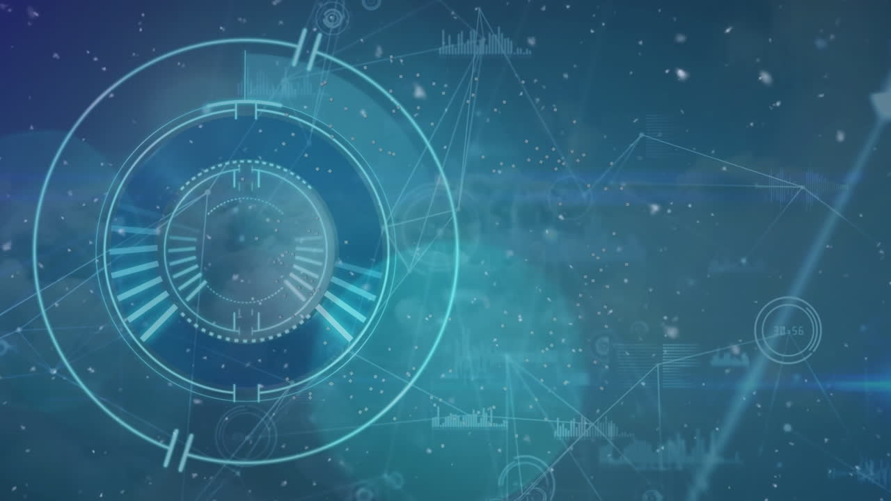 Animation of scope scanning and network of connections with data processing over sky with clouds