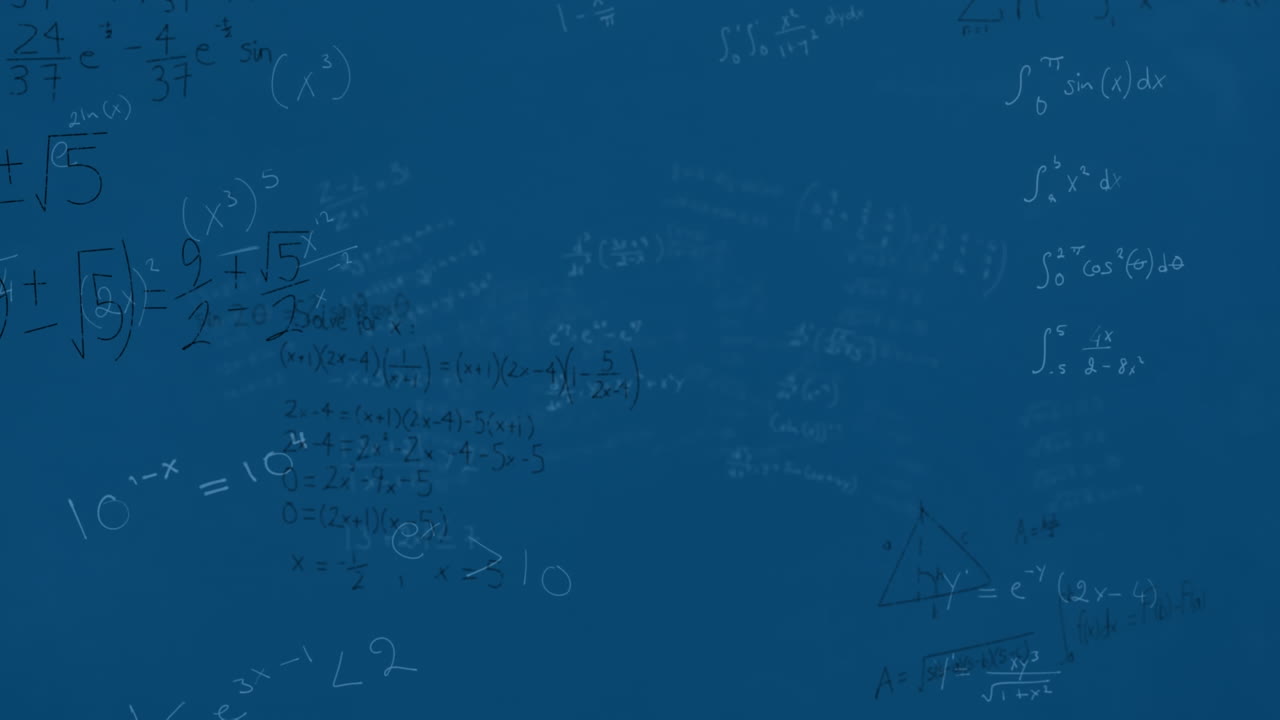 animación de ecuaciones matemáticas y diagramas flotando contra un fondo azul