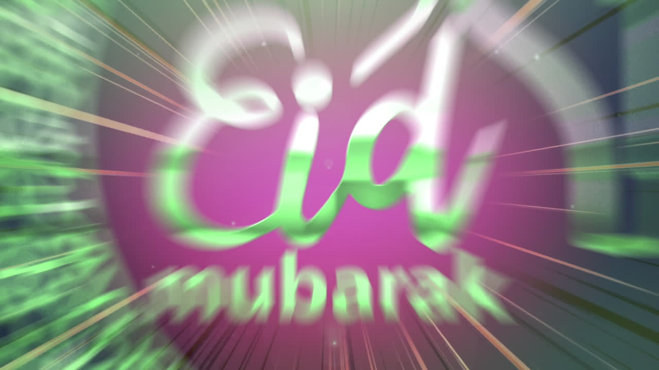 Animation of text eid mubarak, mosque and crescent moon symbols, with strobing pink light on black