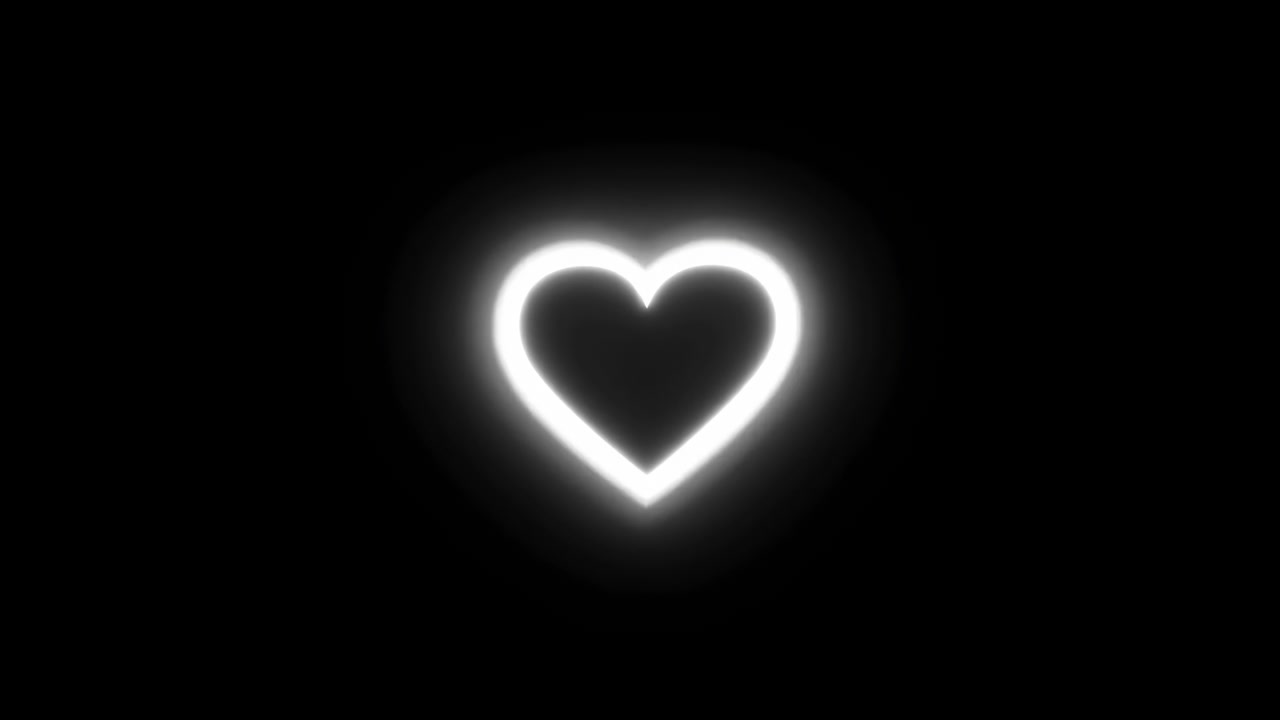 Una linea luminosa a forma di cuore rimane centrata su uno sfondo scuro mentre il suo bagliore bianco forma un'aura morbida e sfocata, creando un forte contrasto, semplice simmetria e una composizione minimale chiara