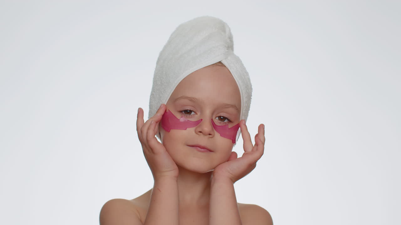 Smiling child girl applying pink patches under eyes, teenager natural skin care, perfect fresh clean