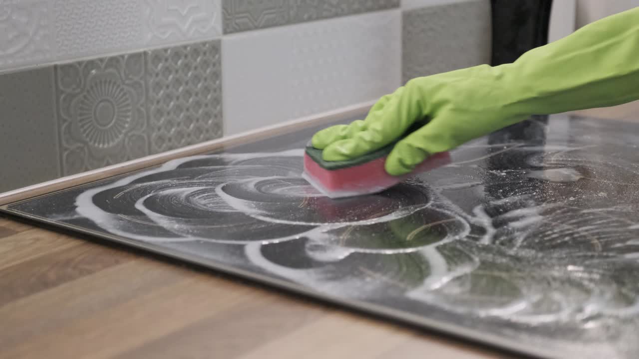 Closeup of hand woman cleaning modern cooking glass ceramic electric surface with sponge and detergent