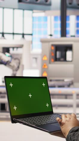 vertical video factory engineer typing on green screen laptop, monitoring production lines