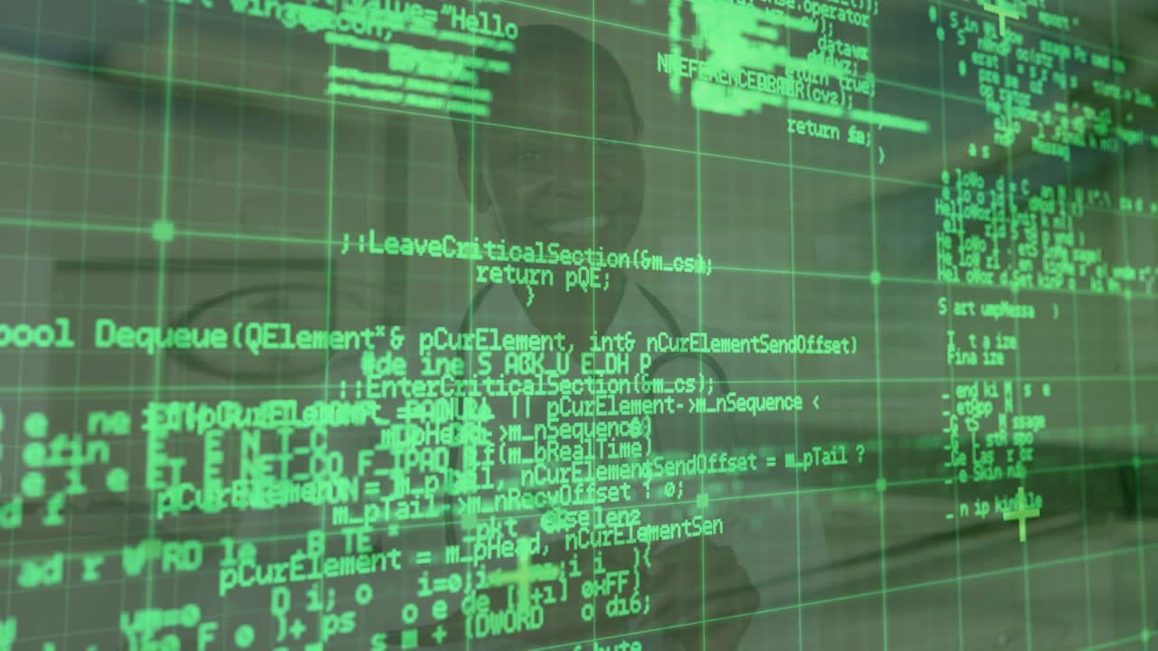 Animation of data processing on digital screen over happy african american female doctor