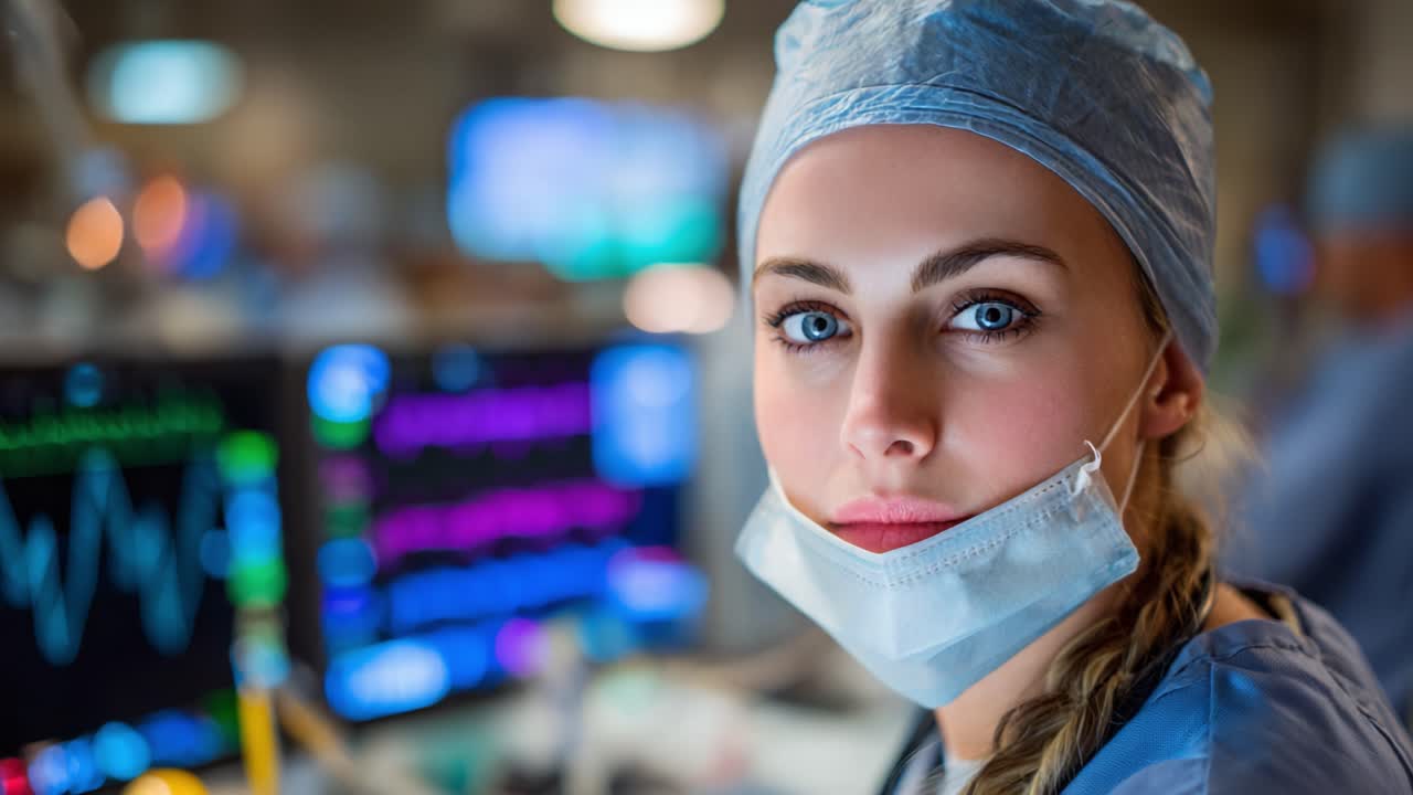 Focused Healthcare Professional in Surgical Scrubs and Mask, Engaged in Vital Monitoring with High-Tech Medical Equipment in the Background