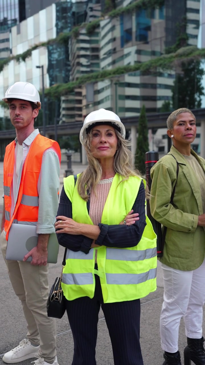Equipo diverso de arquitectos e ingenieros de pie frente a un edificio moderno