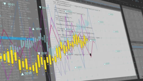 Animation of financial data processing over screens on black background