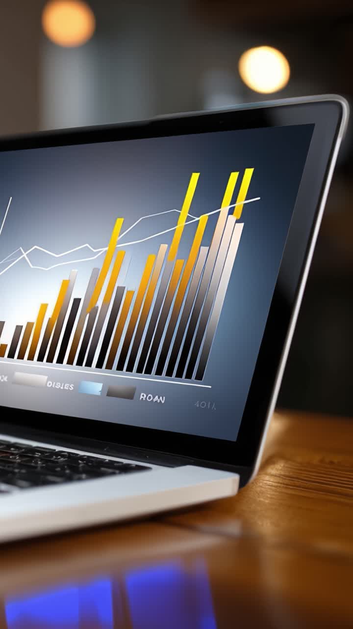 Dynamisk datavisualisering på laptoskjerm som illustrerer nøkkelmålinger og trender gjennom grafer i et moderne forretningsanalyse-miljø.
