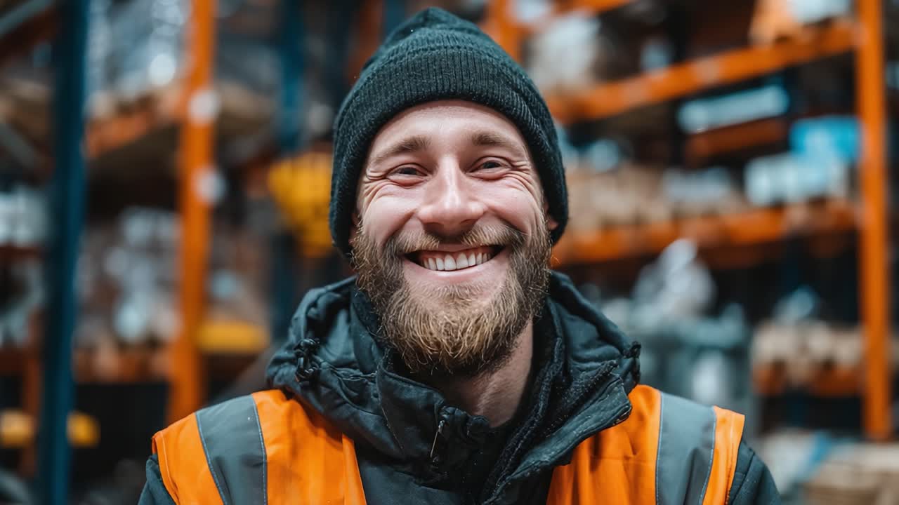 Friendly Warehouse Worker with a Warm Smile in a Busy Industrial Space, Showcasing a Positive Attitude Amidst Stocked Shelves and Equipment