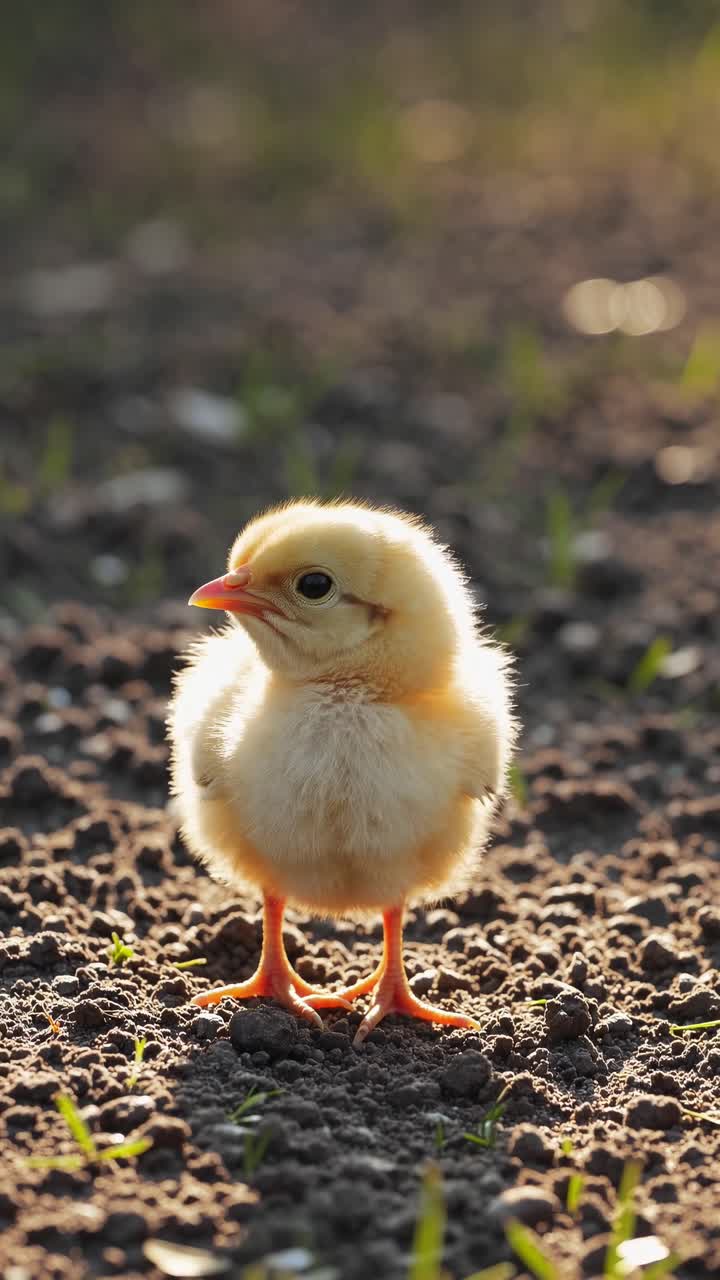 Close-up video still of a fluffy chick on soil, captured at ground level