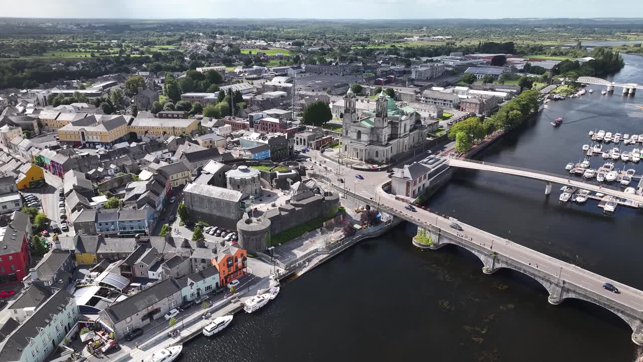 Amazing view to Athlone cathedral and castle over river Shannon. Summer in Ireland