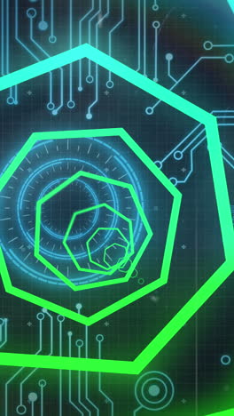 animación de formas geométricas de neón azul y verde sobre el procesamiento de datos