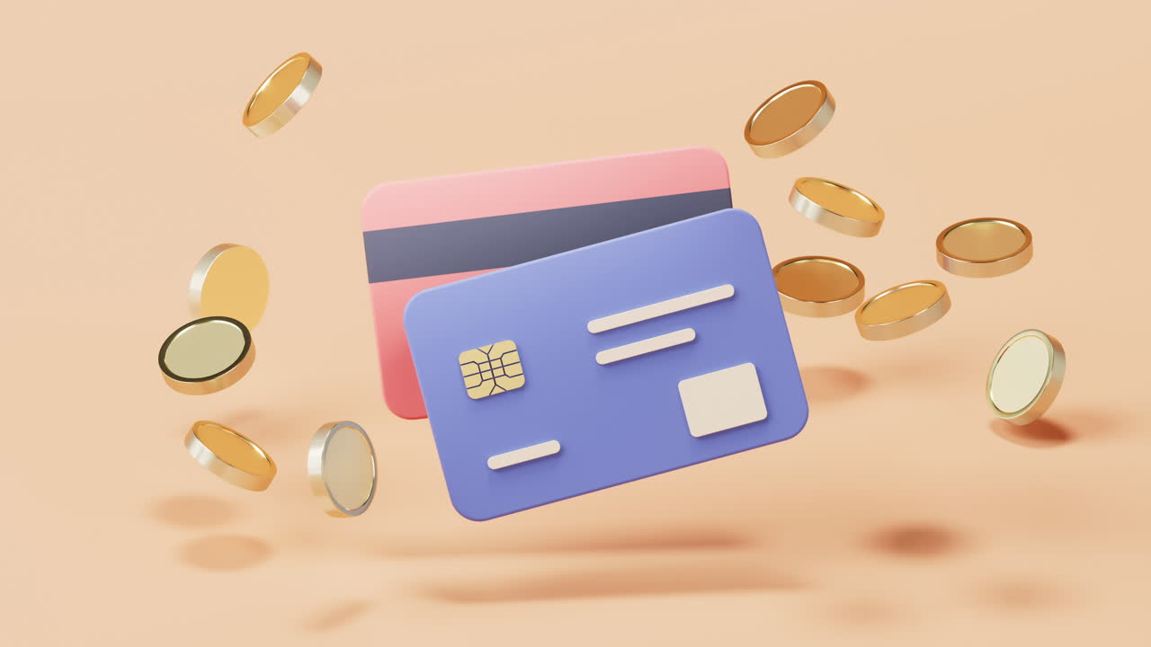 Animasi berulang kartu bank dengan gaya kartun 3D, rendering 3D