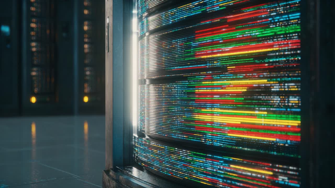 A Stunning Close-Up of a High-Tech Data Display from a Server Room, Showcasing Colorful Light Patterns and Vibrant Data Flow in a Modern Digital Environment