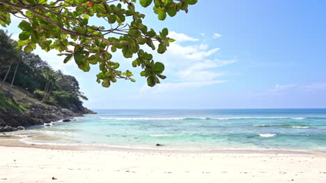 waves crashing on a sandy beach and mountain edge