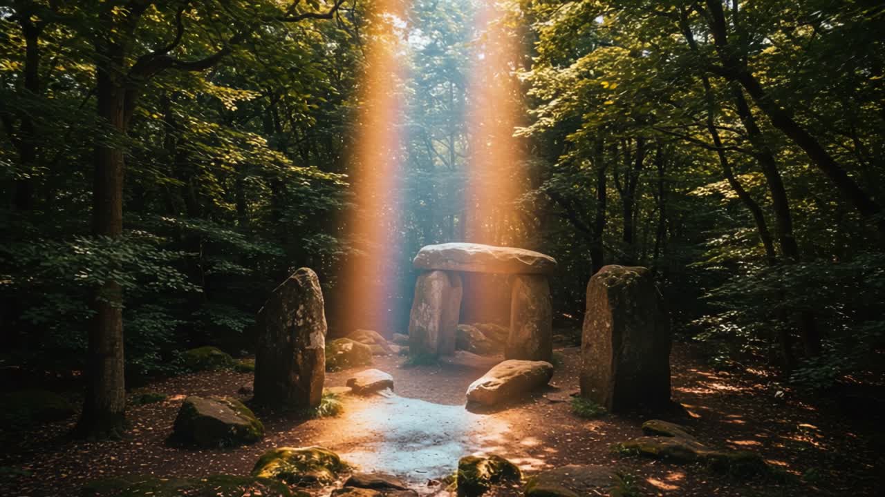Enchanting Sunlight Filtering Through Dense Forest Canopy, Illuminating Ancient Stones in a Mystical Clearing Surrounded by Lush Greenery