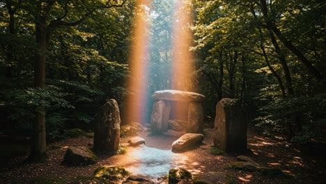 enchanting sunlight filtering through dense forest canopy, illuminating ancient stones in a mystical clearing surrounded by lush greenery