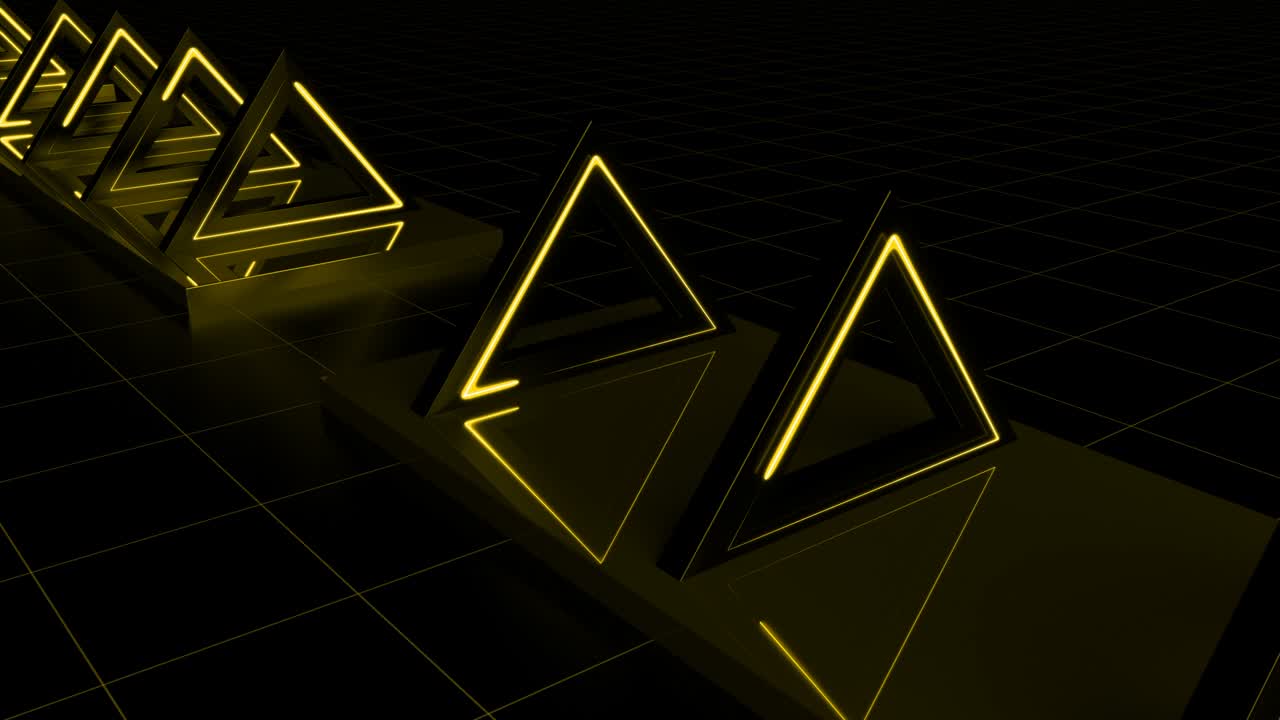 노란색 빛의 선을 가진 아름다운 추상적인 루프 삼각형 터널