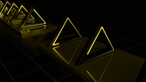 hermoso túnel de triángulo de bucle abstracto con líneas de luz amarillas