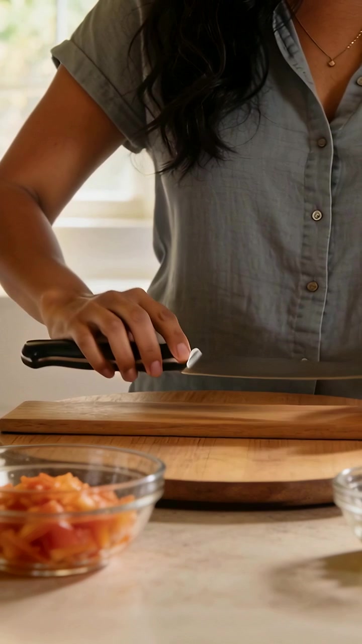 Video verticale: Un cuoco con una maglia grigia prende un coltello da chef e ne testa la lama per la preparazione sul bancone della cucina.