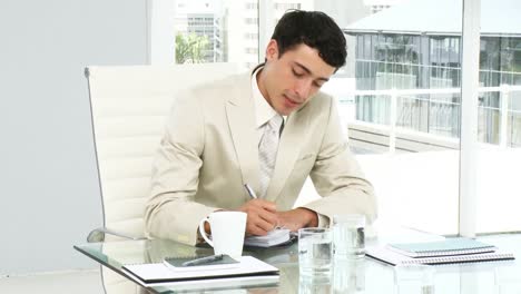 concentrated businessman writing in his agenda