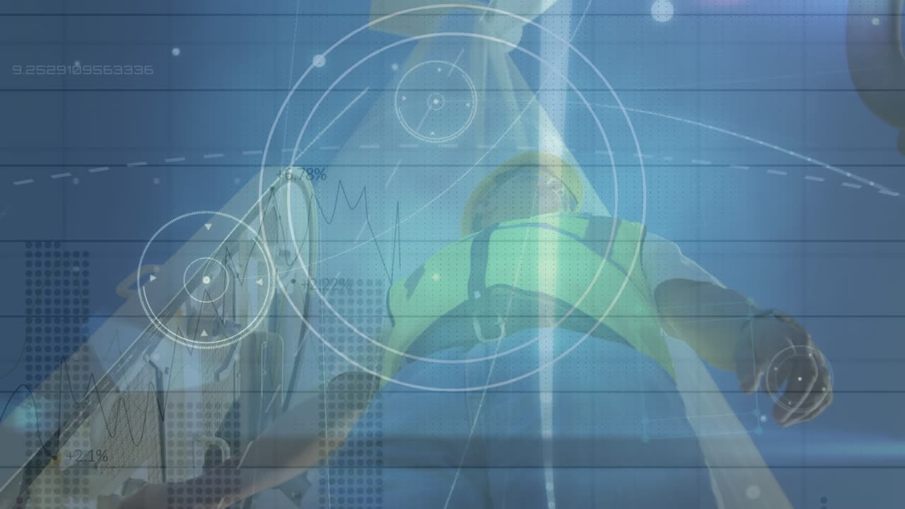 연결 네트워크의 애니메이션과 두 인종의 남성 엔지니어와 풍력 터빈에 대한 고장