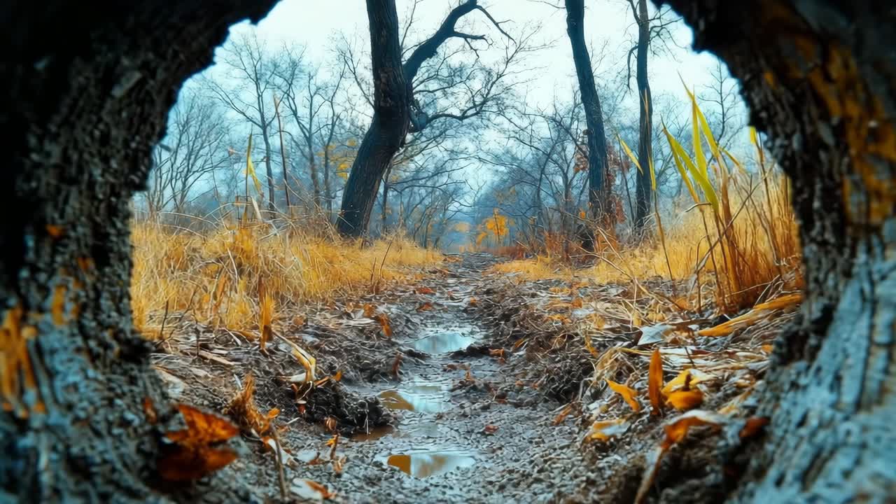 Pipe view of muddy woods trail. A muddy trail leads through a quiet woodland, surrounded by bare trees and scattered leaves on a cloudy day.