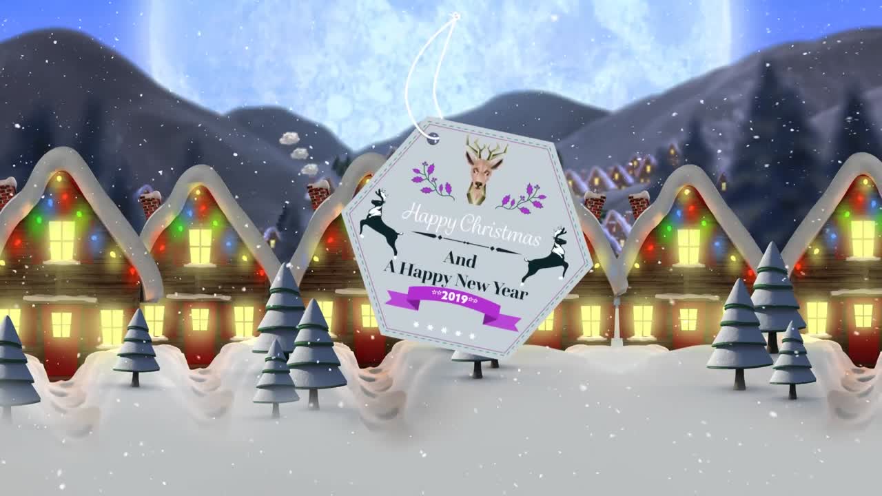 Banner di testo Buon Natale e Felice Anno Nuovo e neve che cade su un paesaggio invernale con case.