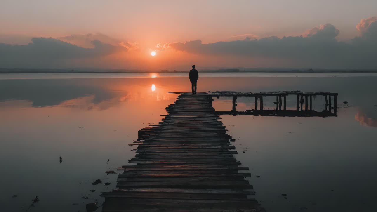 Um reflexo tranquilo do pôr do sol sobre a água com uma figura silhuetada em um cais, capturando a essência da solidão e da beleza natural