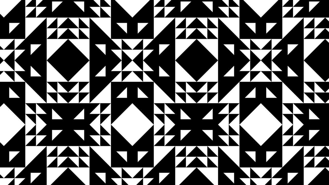 In a dynamic pattern, simple geometric shapes move around. In a flat design, a background with a seamless loop motion graphic. Monochrome rectangular tile mosaic
