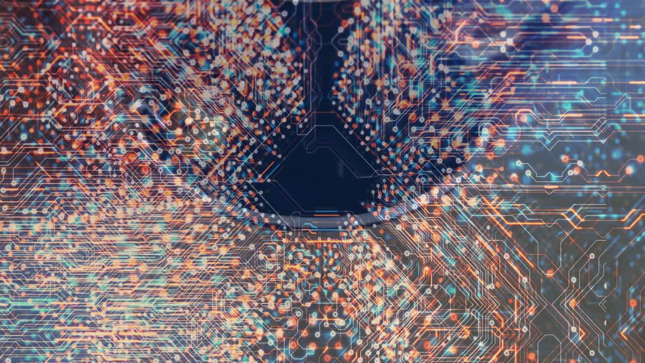 Central hexagonal microchip glowing and radiating orange and blue circuit patterns across data grid