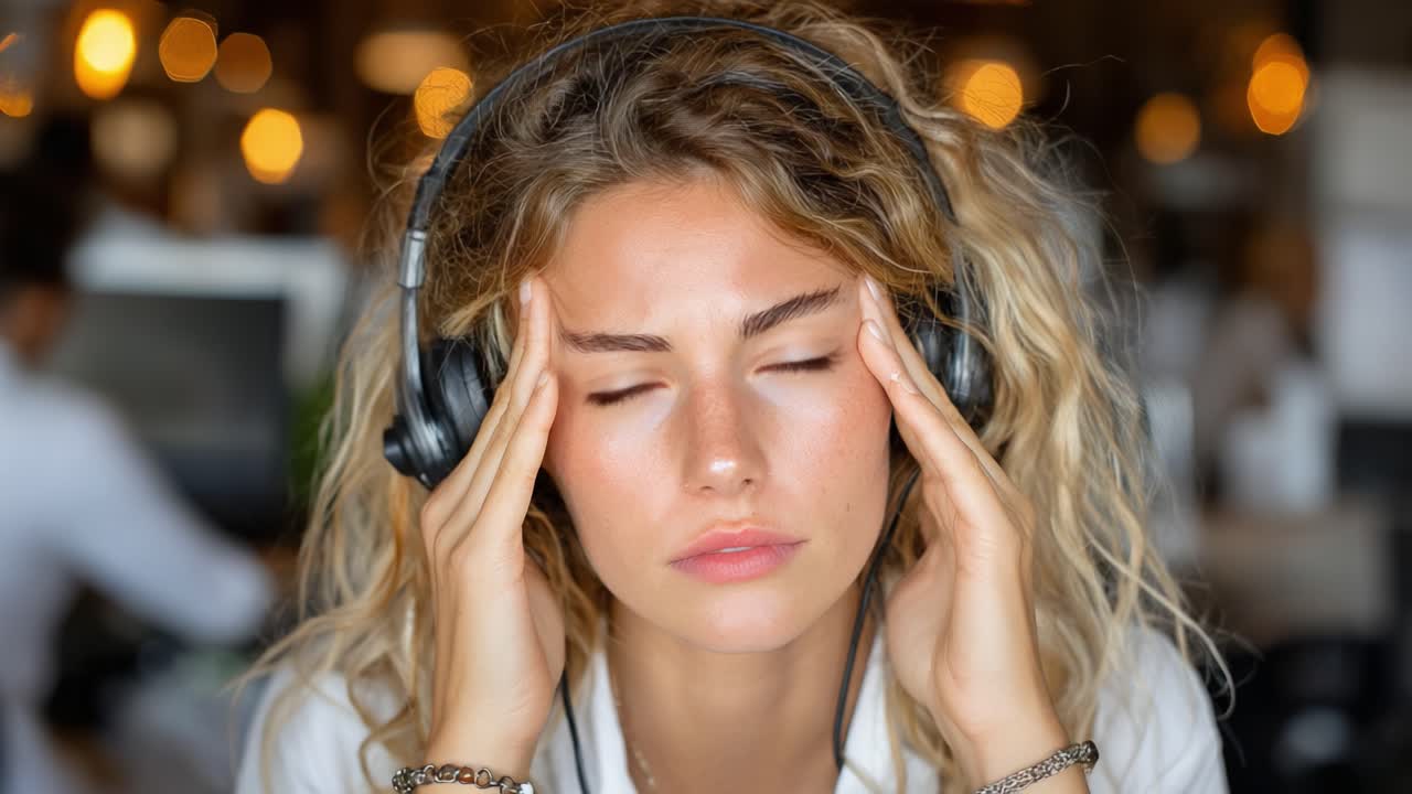 Young Woman in Headphones Displays Signs of Stress in a Modern Workspace, Struggling with Overwhelming Emotions and Concentration amidst a Busy Environment