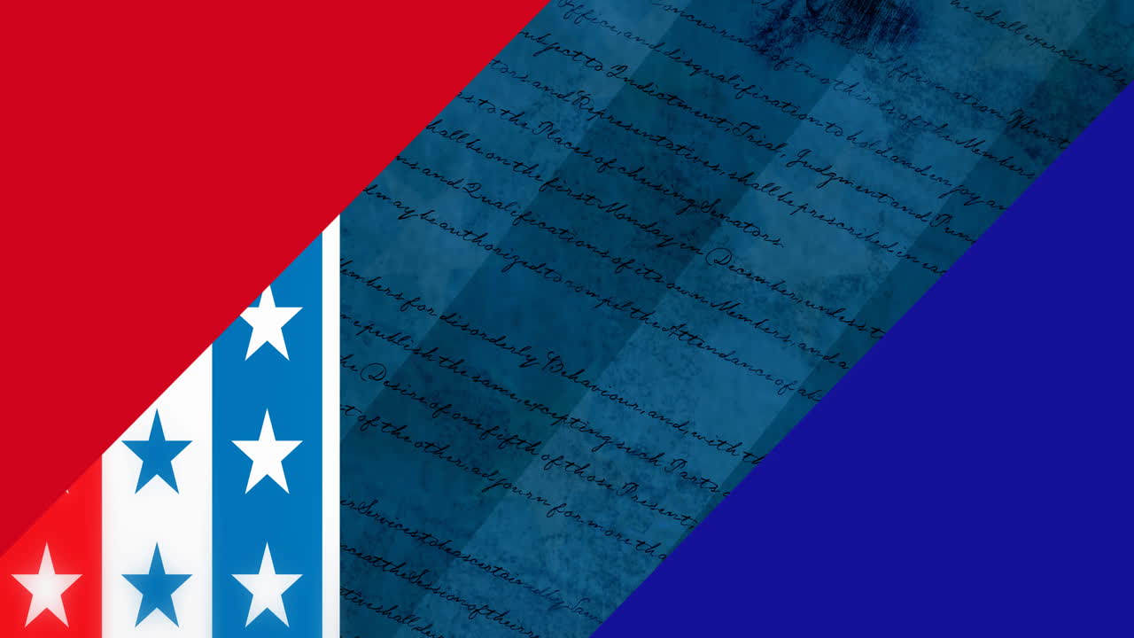 animación de estrellas y rayas de la bandera estadounidense con texto de la constitución en el fondo