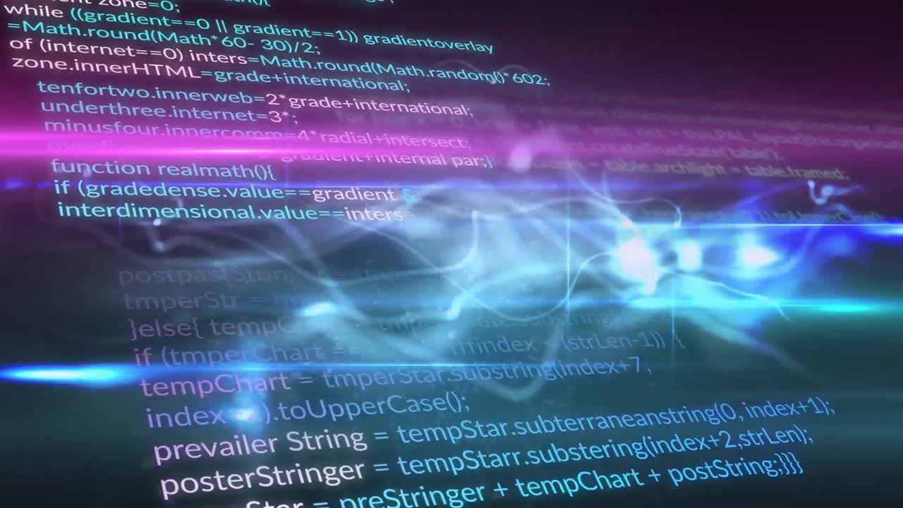 배경에서 컴퓨터 언어를 통해 동적 파동 패턴과 렌즈 플레어의 애니메이션