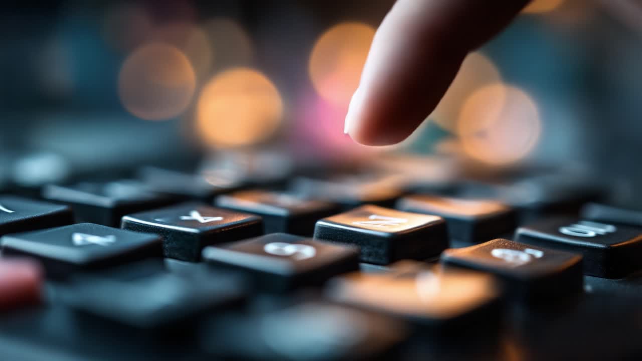 Close-up of a finger pressing a key on a calculator, showcasing the intricate details and textures of the device in a visually dynamic and colorful background setting