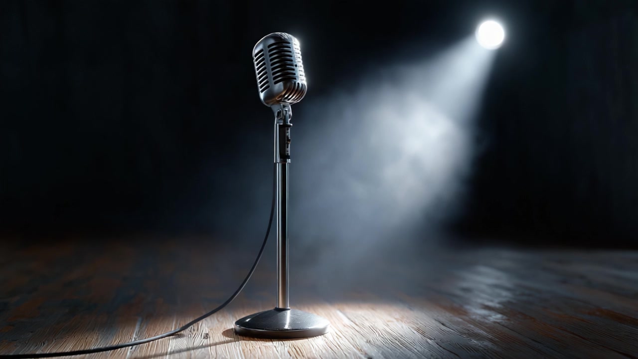 A Classic Microphone Stands Alone in a Spotlight, Radiating an Air of Anticipation and Creativity in a Dimly Lit Room, Perfect for Capturing Moments of Performance and Expression