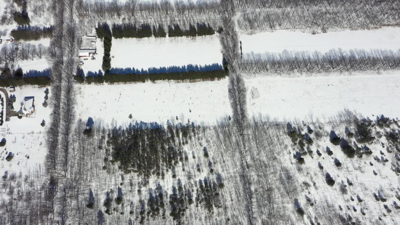 Splendida vista aerea dall'alto di un paesaggio rurale con campi rettangolari, strade e case coperti da un manto di neve fresca in una giornata di sole, che crea lunghe ombre dagli alberi