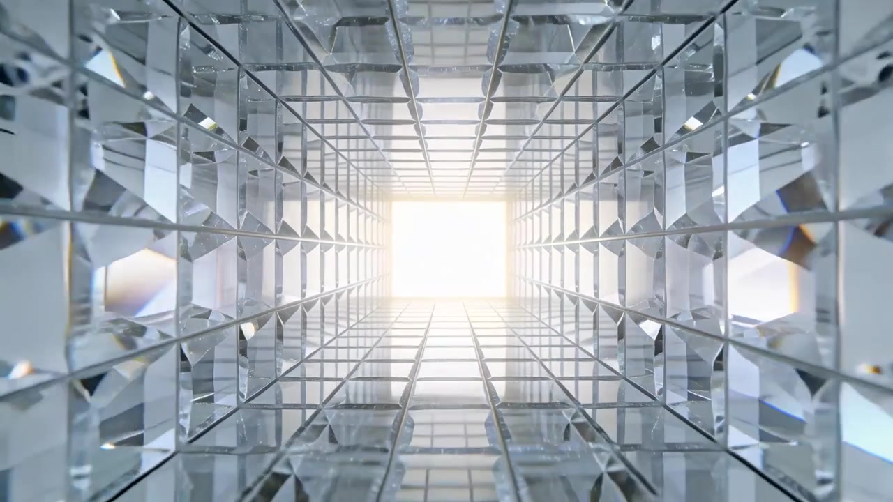 Moving camera sliding forward through centered glass grid tunnel, revealing bright square light