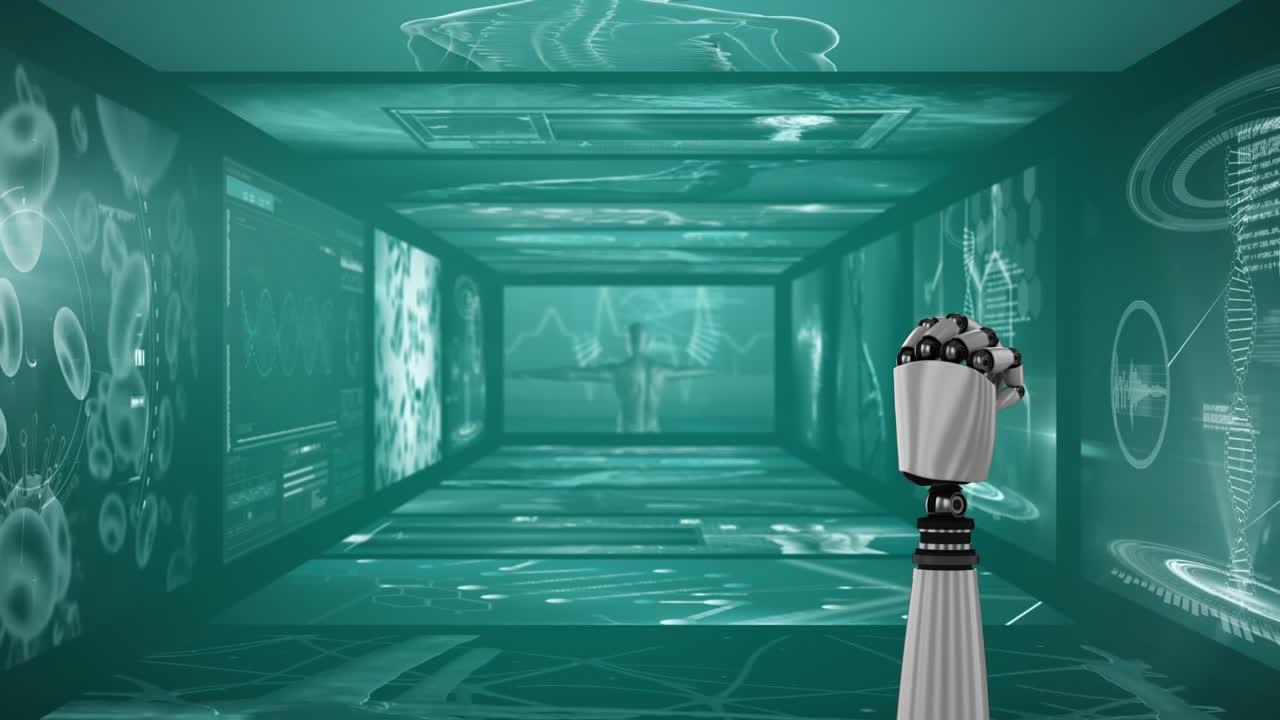 mano robótica haciendo un puño contra el procesamiento de datos médicos