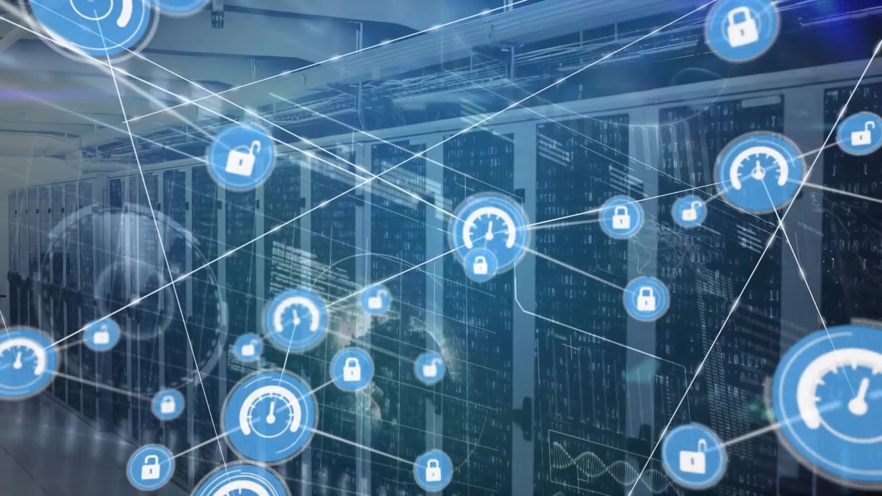 Animation of network of connections and globe over server room