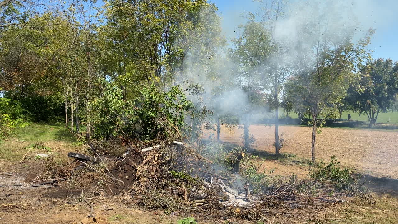 una pequeña pila de cepillo humeante a punto de estallar en llamas