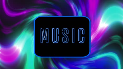 animation of music neon text over light trails on black background