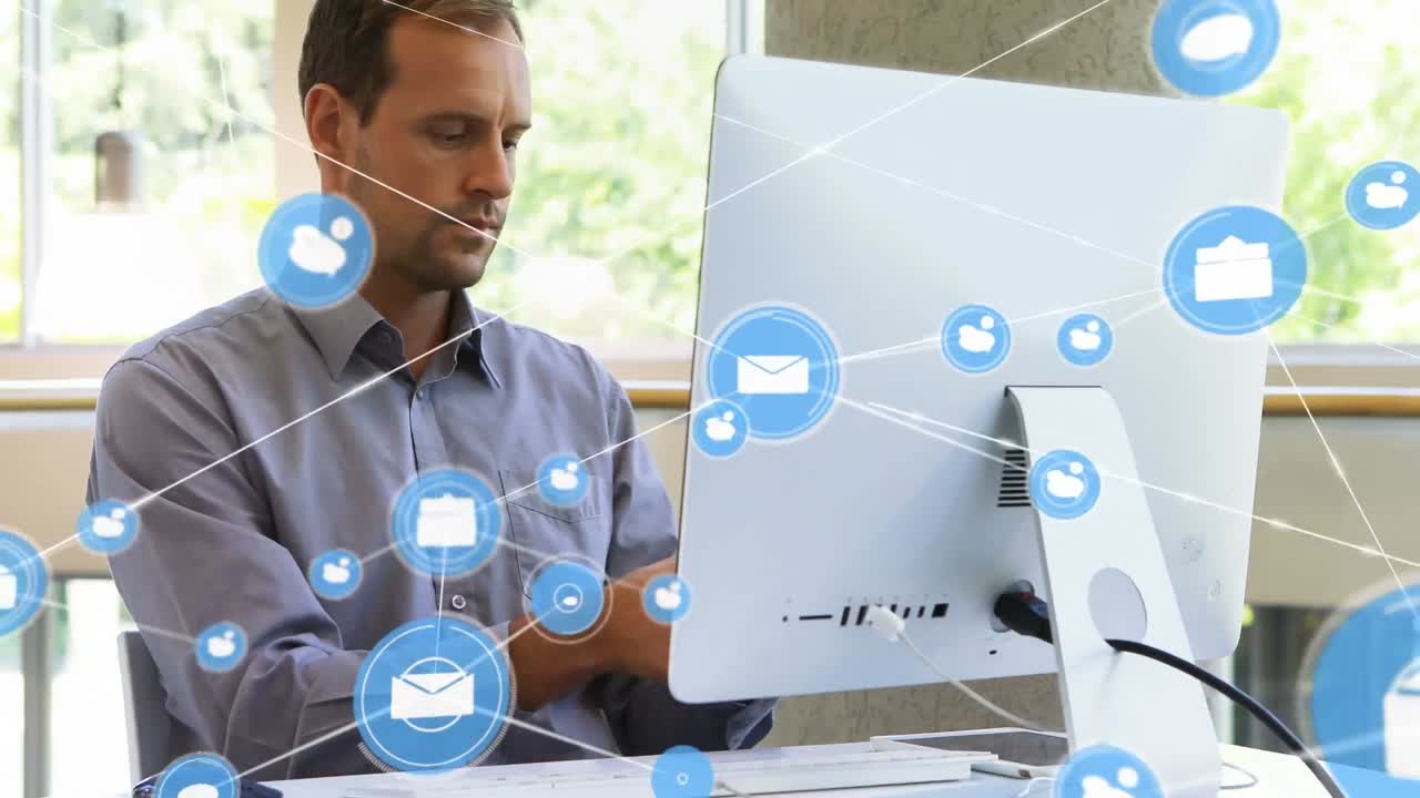 animación de una red de iconos digitales sobre un hombre caucásico hablando en su teléfono inteligente en la oficina