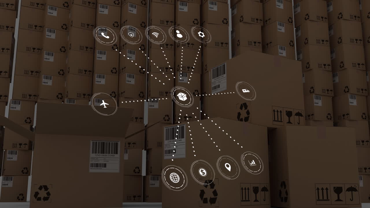 Animation of network of connections with icons over boxes