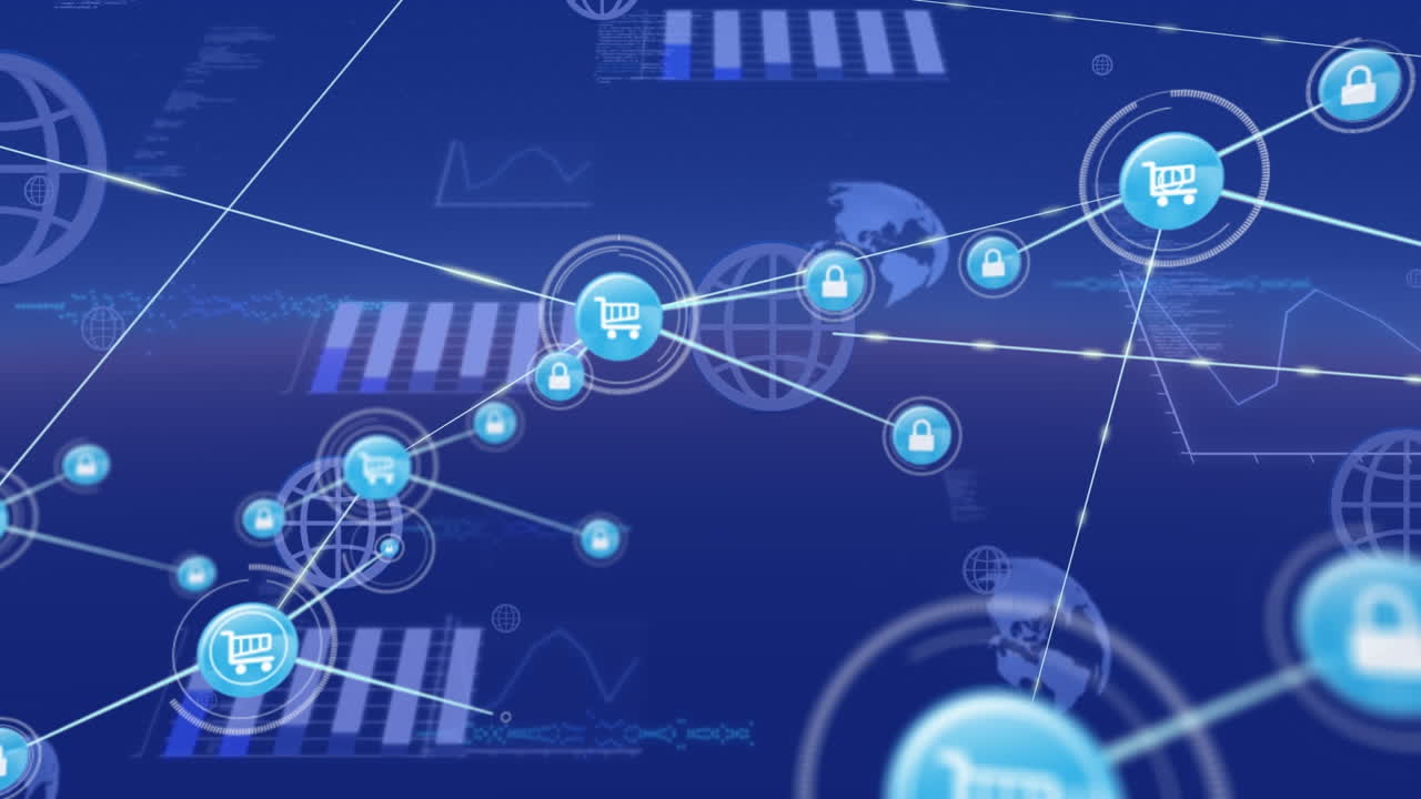 animación de una red de iconos y pantallas digitales con procesamiento de datos contra un fondo azul.
