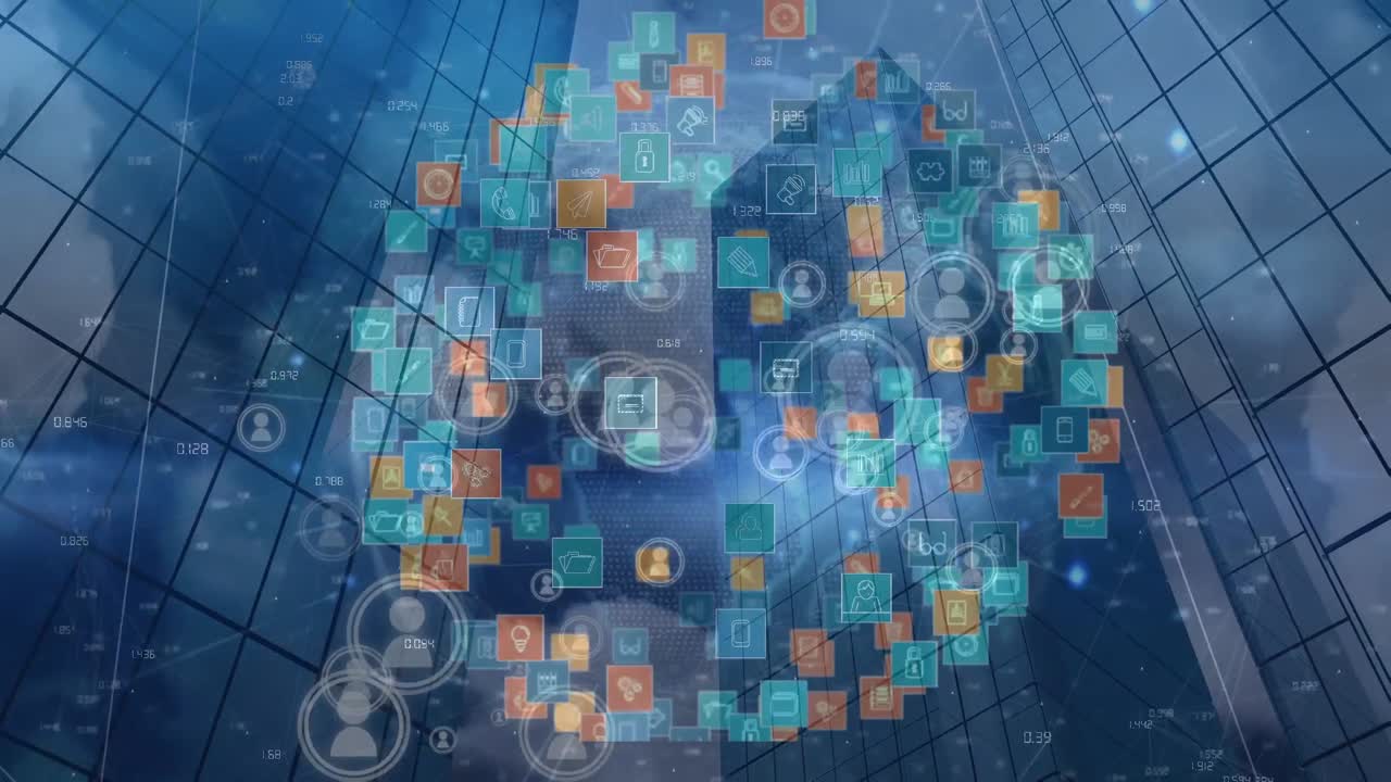 animación de la red de conexiones con iconos y globo sobre edificios modernos sobre fondo azul