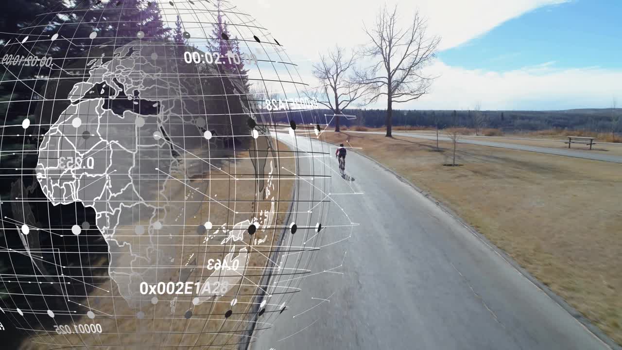 Male cyclist riding path triggers rotating globe showing tech data before receding to second rider