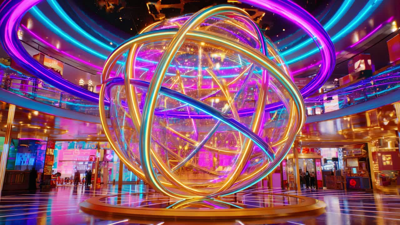 A Vibrant Display of Neon Colors and Artistic Design Featuring a Stunning Orb Structure Illuminated by Multicolored Lights in a Modern Interior Space